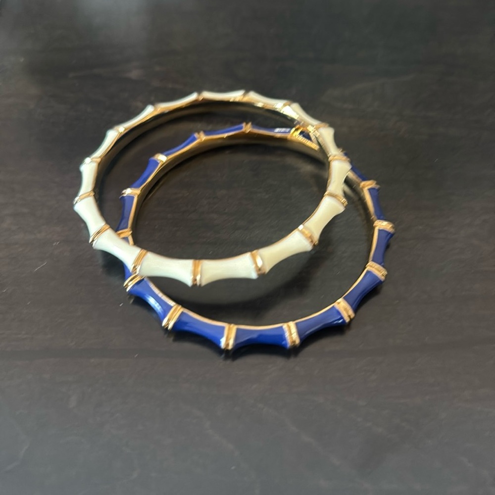 2 Stella & Dot Metallic Blue Cream Gold Tone Julep Bangle Bamboo Bracelets